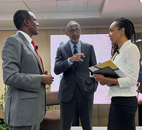 Minister of Finance and Public Service Dr Nigel Clarke, Caribbean Policy Research Institute (CAPRI) Executive Director Dr Damien King, and CAPRI Director of Strategy Yentyl Williams engage in conversation